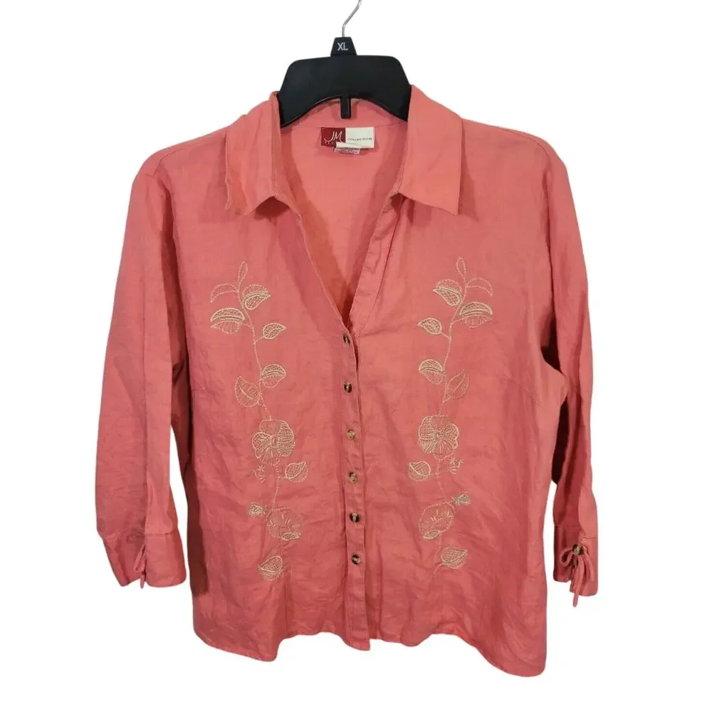 JM Collection Peach Embroidered 100% linen 3/4 Sleeve‎ Top Women's Size 14P